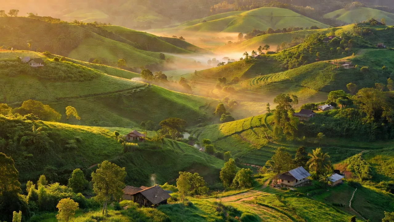 Quang cảnh Phường Vàng Danh, Uông Bí, với đồi núi xanh và ánh nắng ban mai.