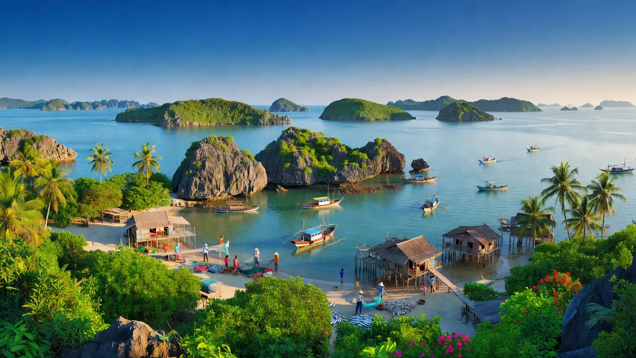 Cảnh đẹp Huyện Vân Đồn, Quảng Ninh với bờ biển, đảo và cây xanh phong phú.