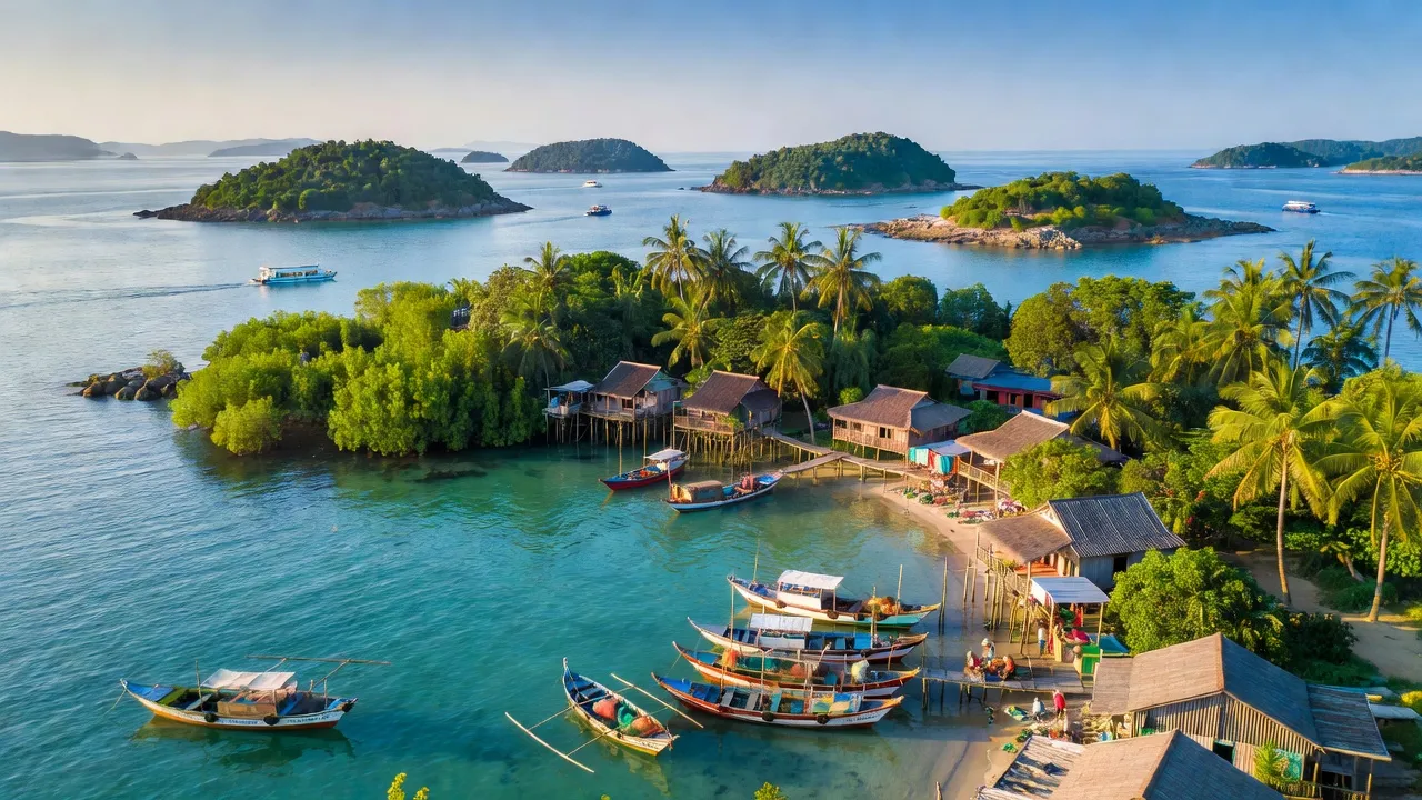 Khung cảnh huyện Vân Đồn, Quảng Ninh với biển, đảo xanh, cảnh làng chài và hoạt động thủy sản.