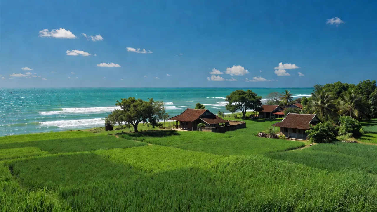 Cảnh quan Xã Đoàn Kết, huyện Vân Đồn, tỉnh Quảng Ninh với biển cả và đồng ruộng xanh tươi.