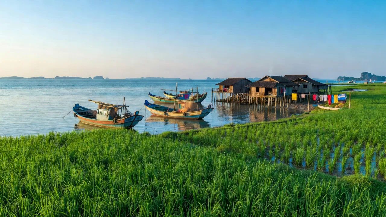 Khung cảnh biển tươi đẹp tại Xã Đoàn Kết, Vân Đồn, Quảng Ninh với cánh đồng xanh và thuyền đánh cá.