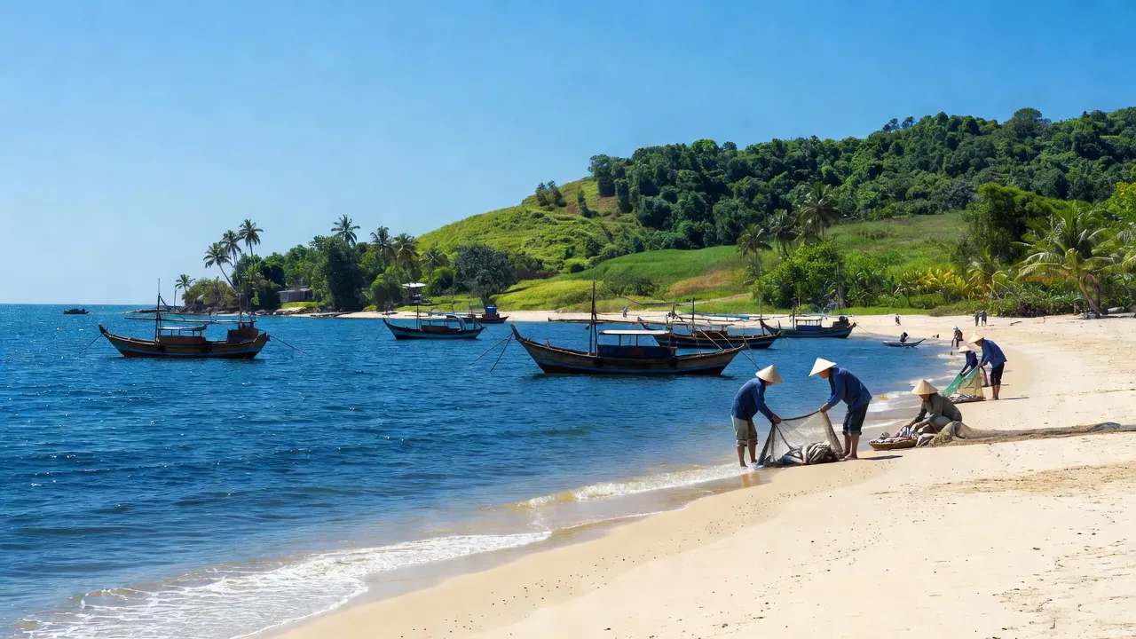 Quang cảnh quê hương Quan Lạn, biển xanh, bãi cát, ngư dân và thuyền truyền thống.