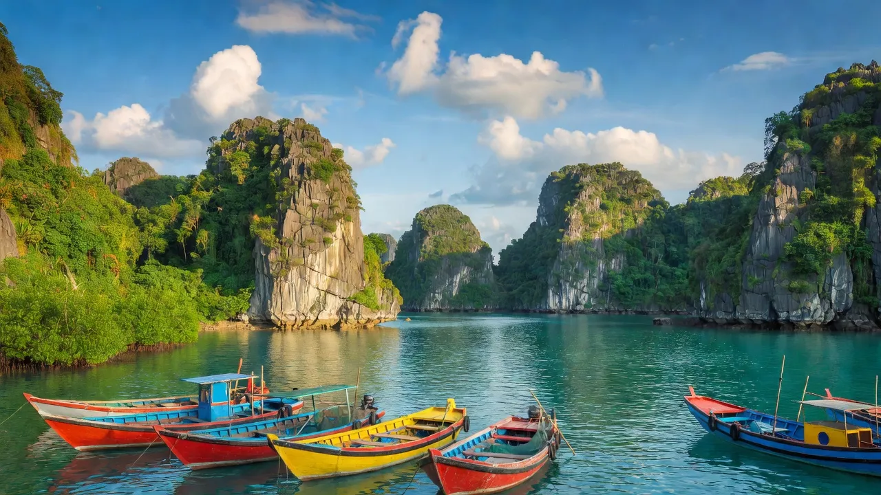 Khung cảnh tuyệt đẹp ở tỉnh Quảng Ninh, vịnh Hạ Long với đảo đá và bầu trời trong xanh.