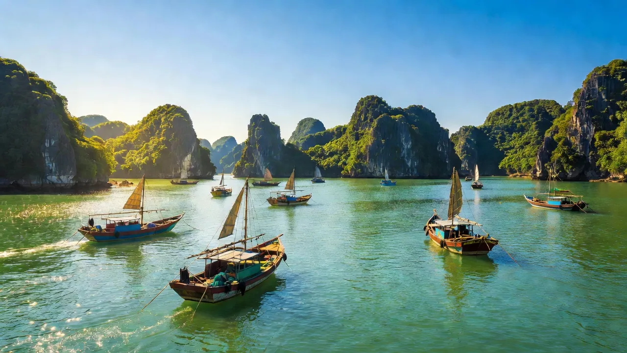 Quang cảnh biển tỉnh Quảng Ninh với hòn đảo và bầu trời trong xanh, thích hợp cho du lịch.