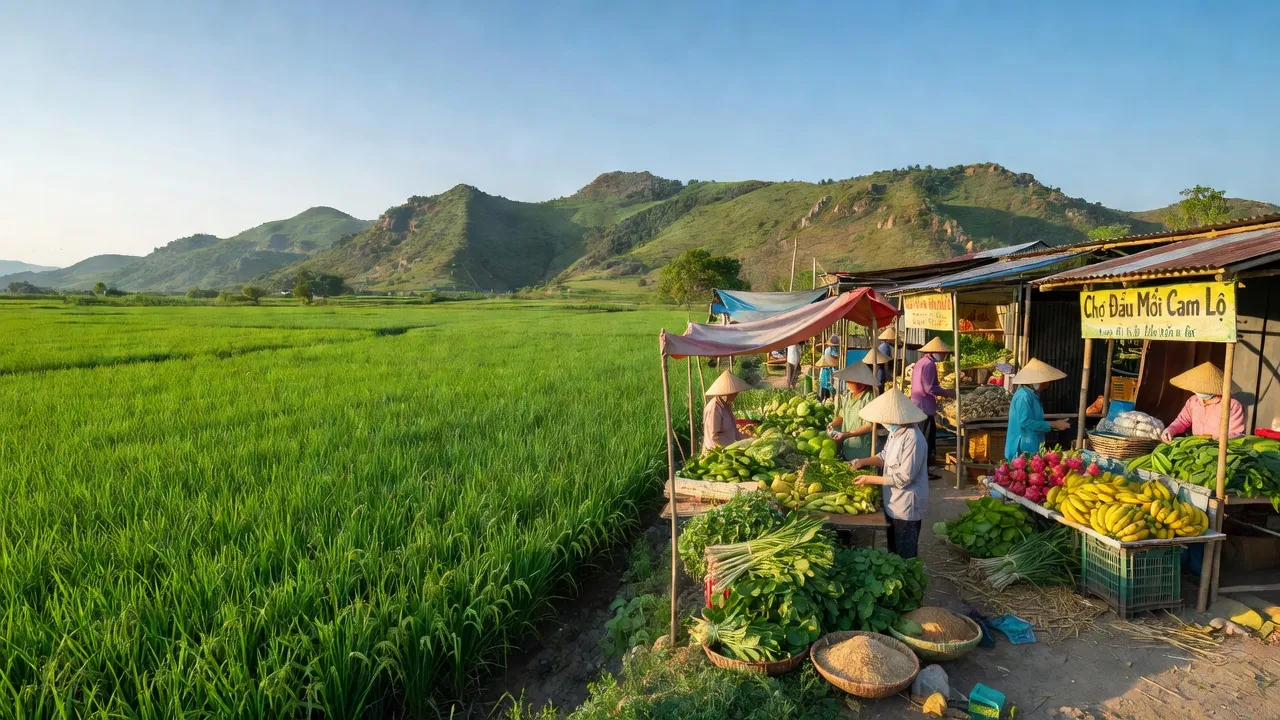 Khung cảnh huyện Cam Lộ, Quảng Trị với cánh đồng xanh, đồi núi và chợ đầu mối địa phương.