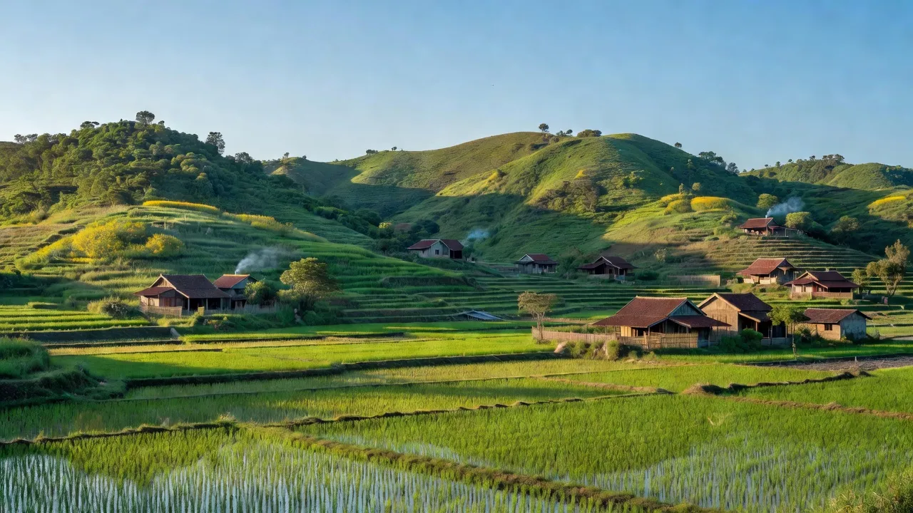 Quang cảnh huyện Cam Lộ, Quảng Trị với đồng ruộng, đồi núi và bản làng truyền thống, thể hiện vẻ đẹp thiên nhiên.