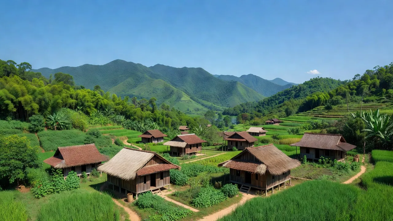 Cảnh quan huyện Đa Krông, Quảng Trị với núi rừng xanh tươi và nhà gỗ truyền thống.