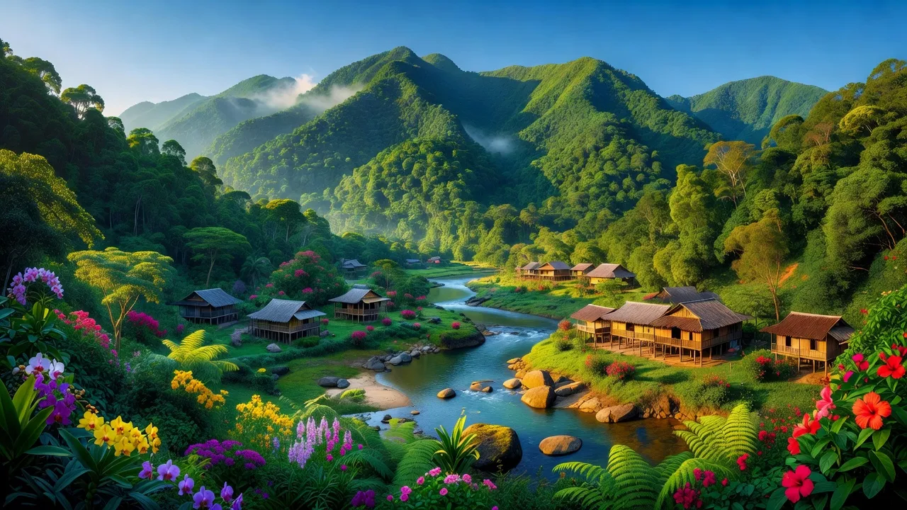 Khung cảnh tuyệt đẹp của huyện Đa Krông, Quảng Trị với núi rừng xanh tươi và dòng sông trong veo.