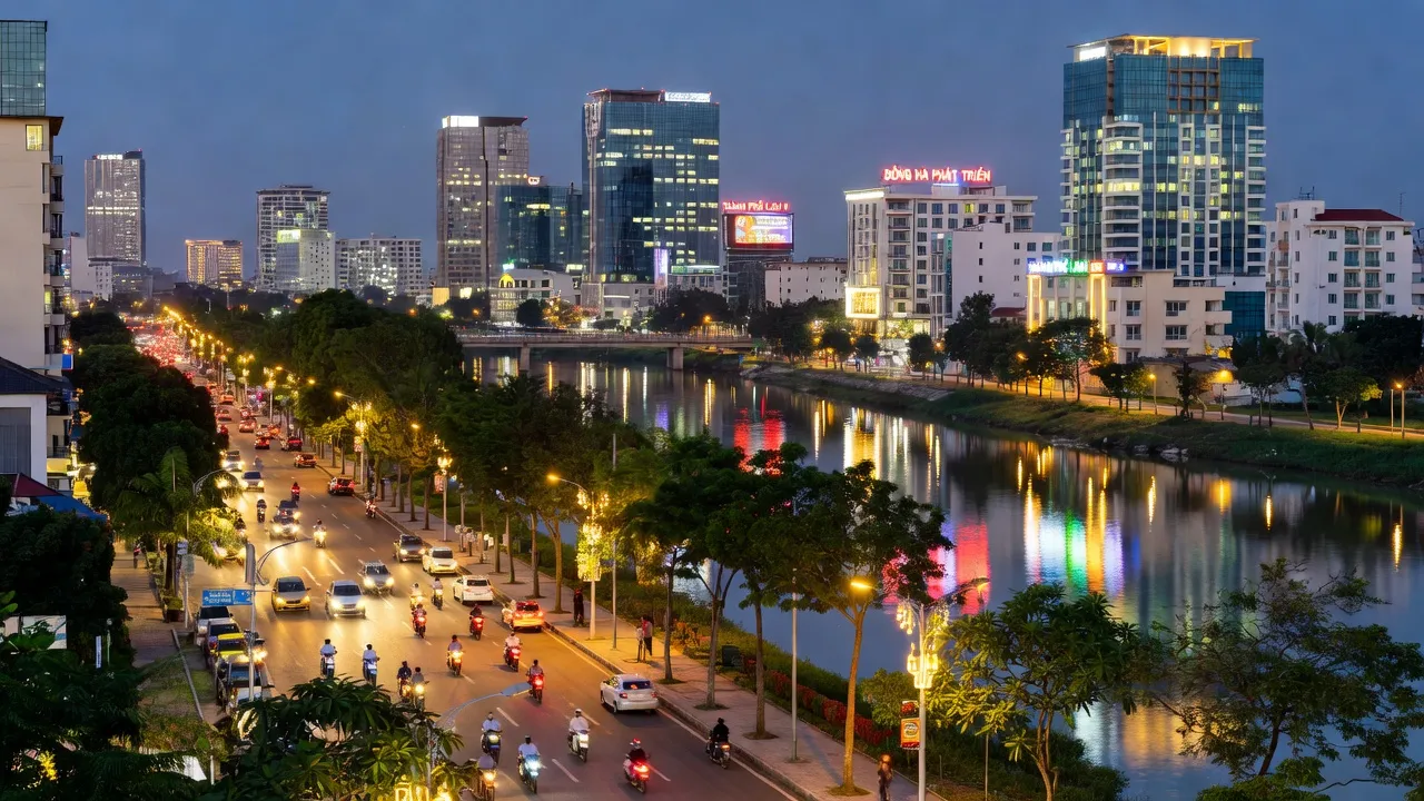 Khung cảnh sôi động của Thành phố Đông Hà, Quảng Trị, nổi bật với kiến trúc hiện đại và không gian xanh.