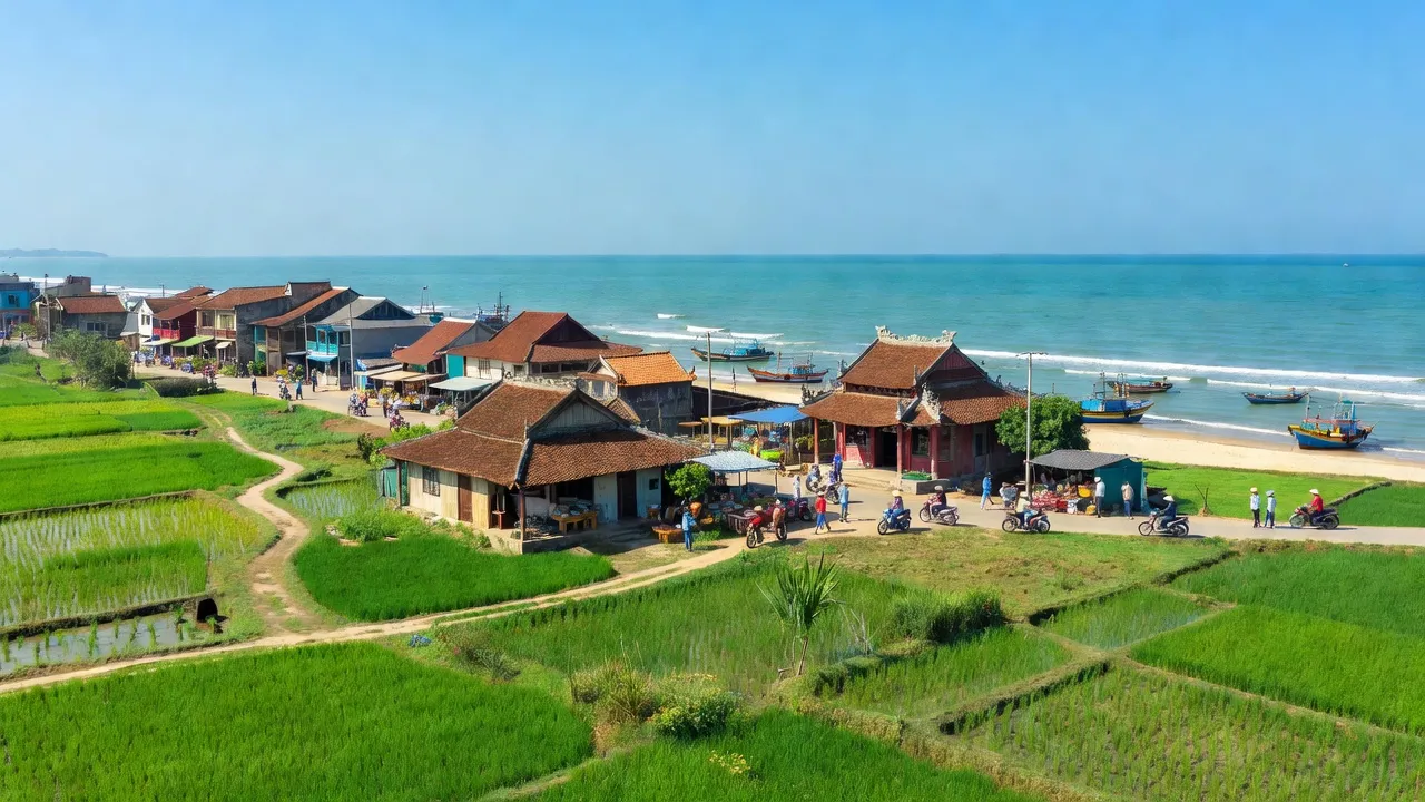 Khung cảnh huyện Hải Lăng, Quảng Trị với bờ biển và kiến trúc truyền thống Việt Nam.