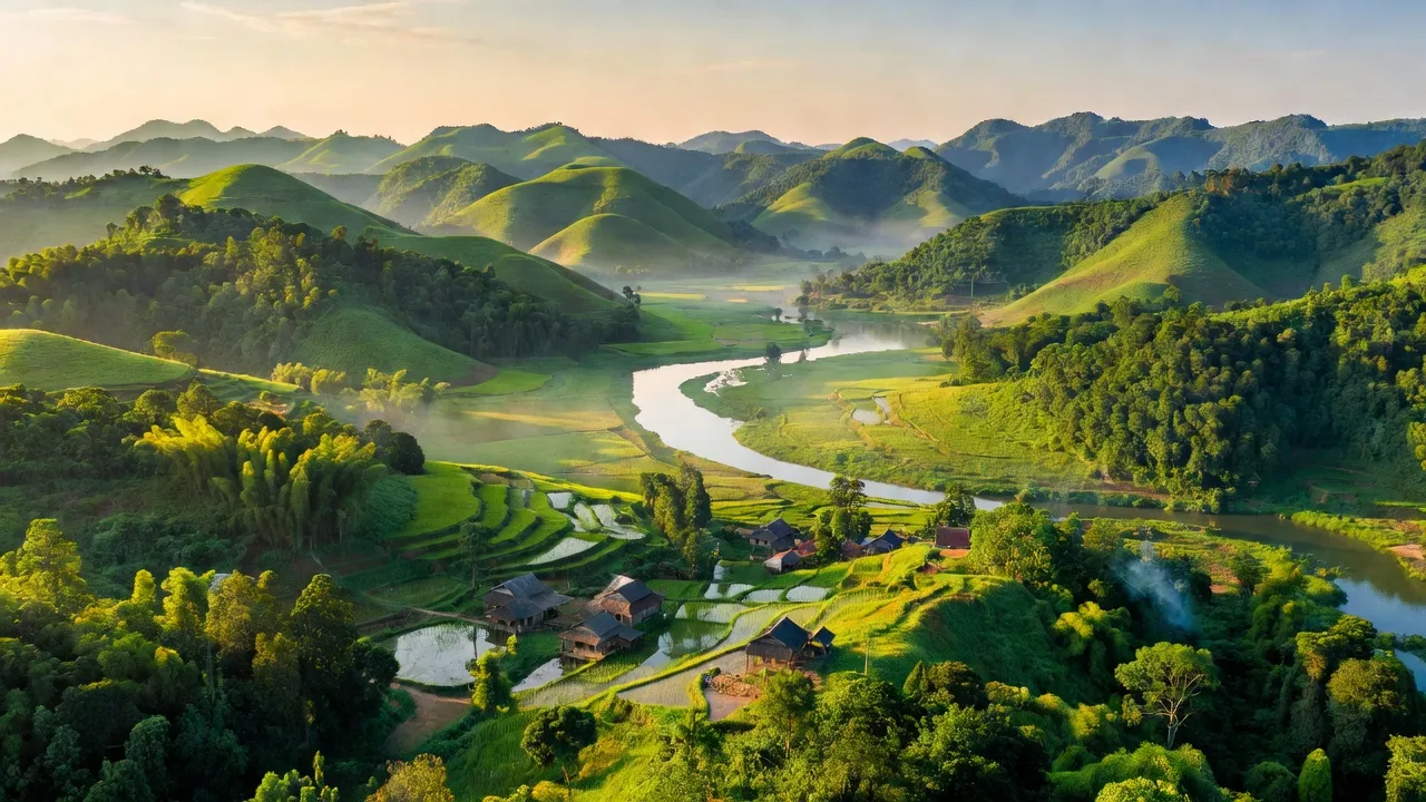 Cảnh thiên nhiên huyện Hướng Hóa, Quảng Trị với đồi núi, rừng xanh và thung lũng bình yên.