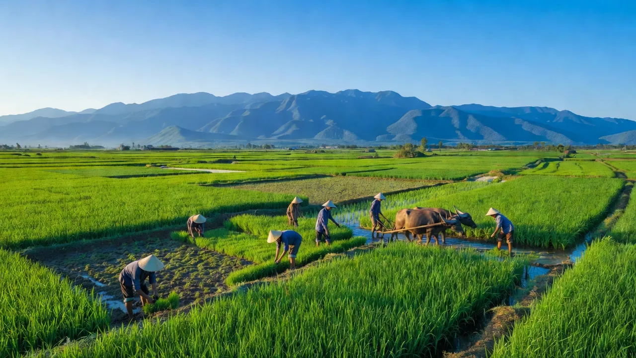 Cảnh quan huyện Triệu Phong, Quảng Trị với cánh đồng xanh và hoạt động nông nghiệp truyền thống.