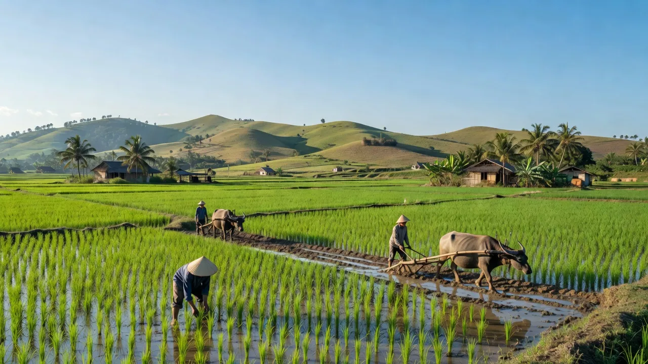 Khung cảnh huyện Triệu Phong, Quảng Trị với ruộng xanh và hoạt động nông nghiệp truyền thống.