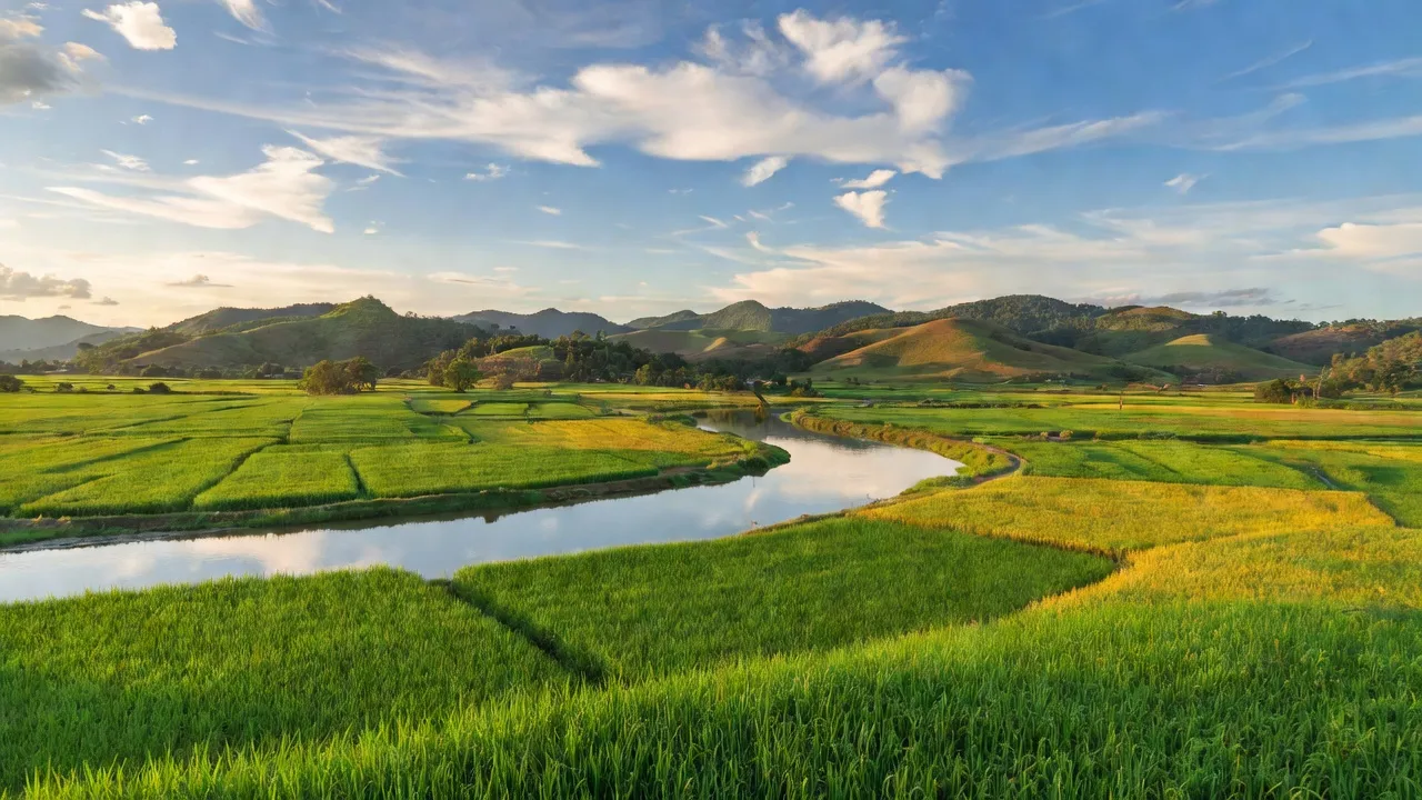 Khung cảnh huyện Vĩnh Linh, Quảng Trị với đồng xanh, đồi núi và sông, thể hiện vẻ đẹp tự nhiên.
