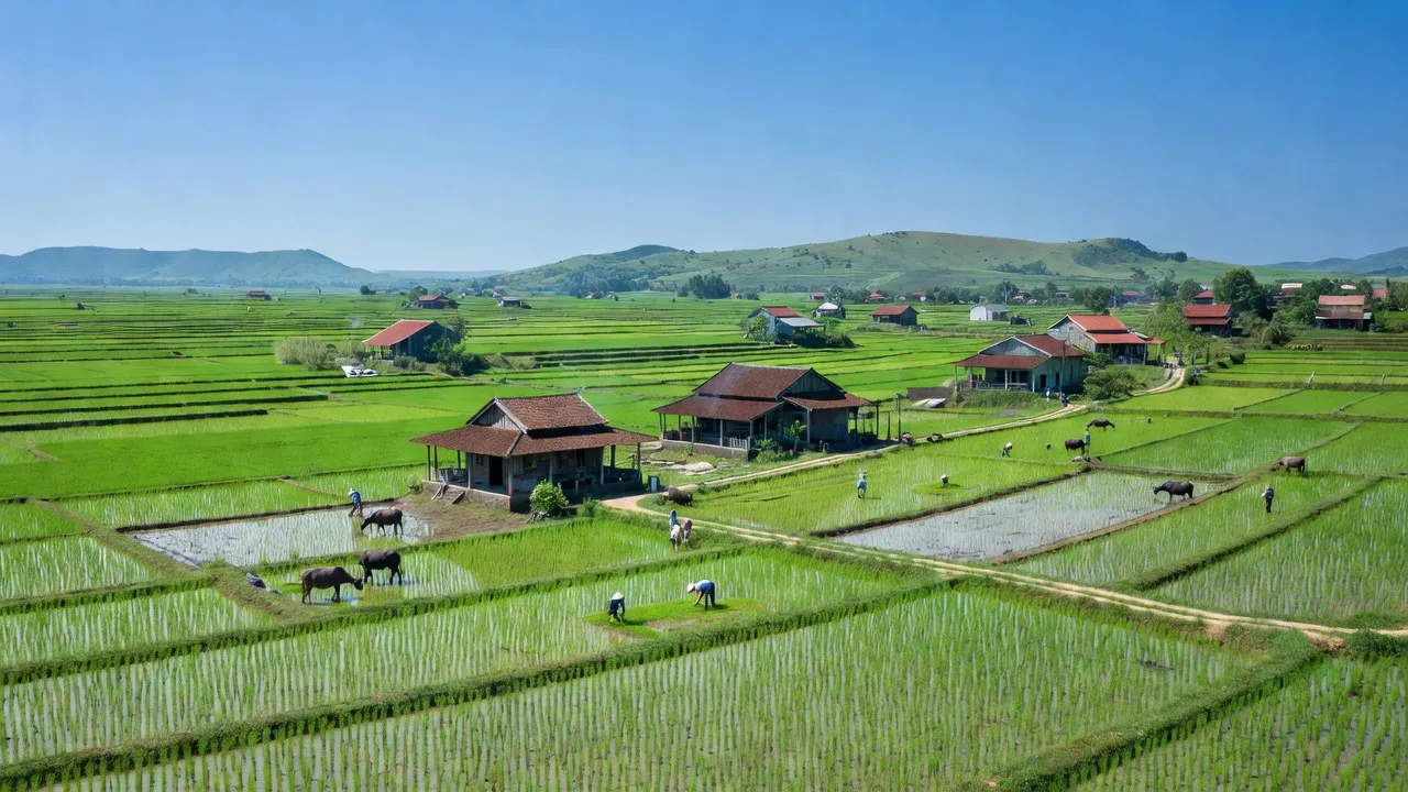 Vĩnh Linh, Quảng Trị landscape with vibrant rice fields and low hills, showcasing rural life.