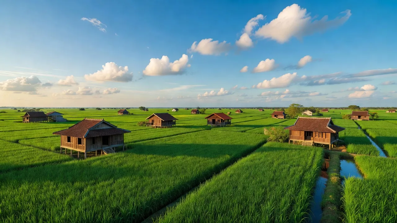 Cảnh quan huyện Châu Thành, tỉnh Sóc Trăng với cánh đồng lúa xanh mướt và nhà gỗ truyền thống.
