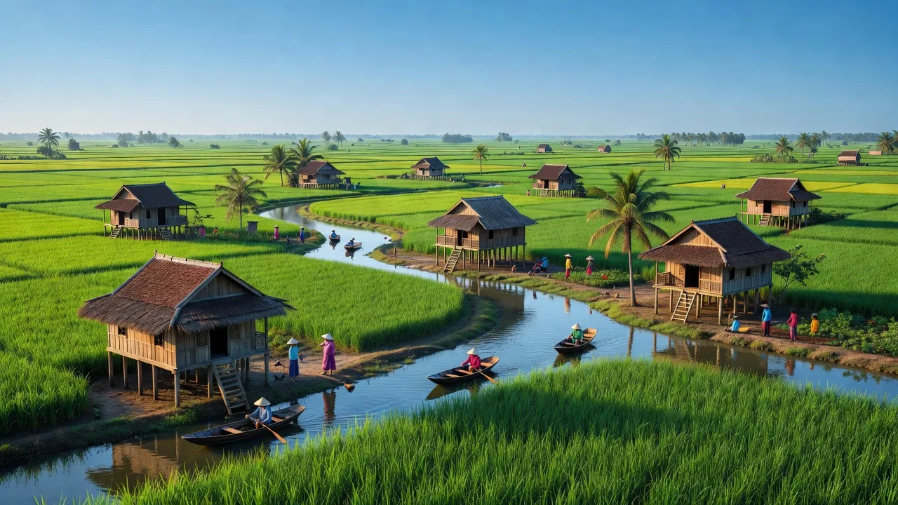 Khung cảnh huyện Châu Thành, Sóc Trăng với cánh đồng xanh, nhà truyền thống và bầu trời trong xanh.