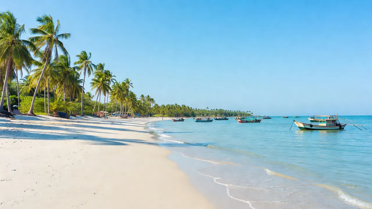 Bãi biển cát trắng huyện Trần Đề, Sóc Trăng, với thuyền đánh cá và cây dừa.