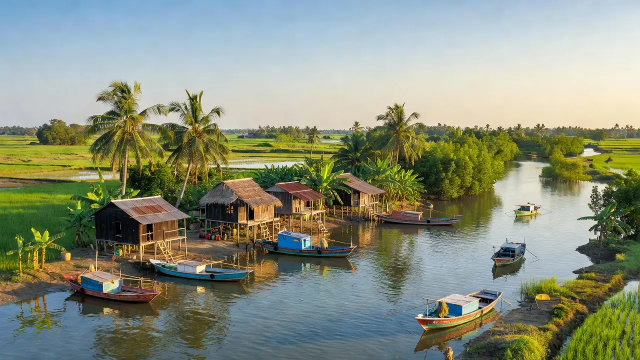 Cảnh đẹp huyện Trần Đề, Sóc Trăng với phong cảnh ven biển và những chiếc thuyền đánh cá.