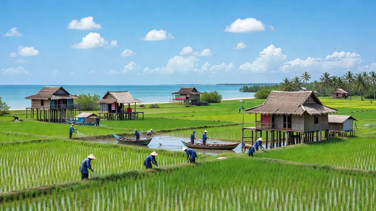 Cảnh quan tươi đẹp tỉnh Sóc Trăng với đồng lúa xanh, nhà sàn và bờ biển.