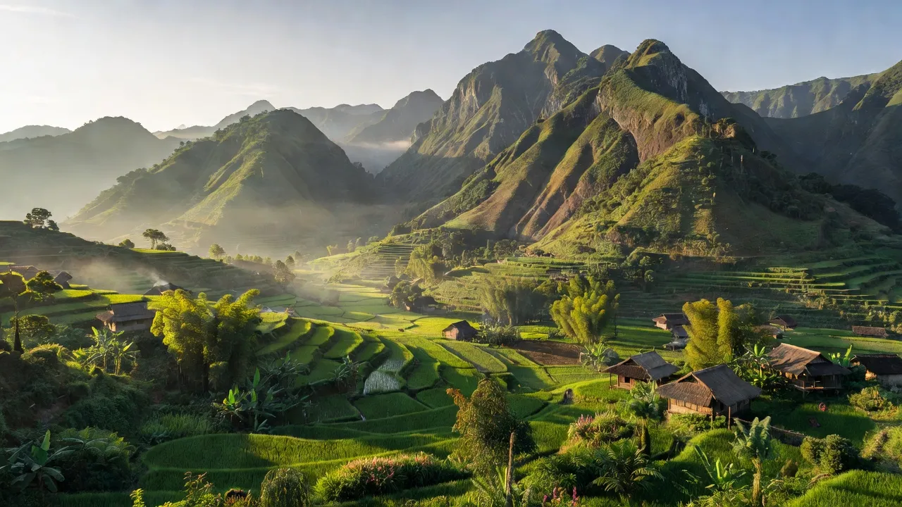 Khung cảnh núi non huyện Bắc Yên, Sơn La, với cảnh vật thiên nhiên tuyệt đẹp và nhà truyền thống.