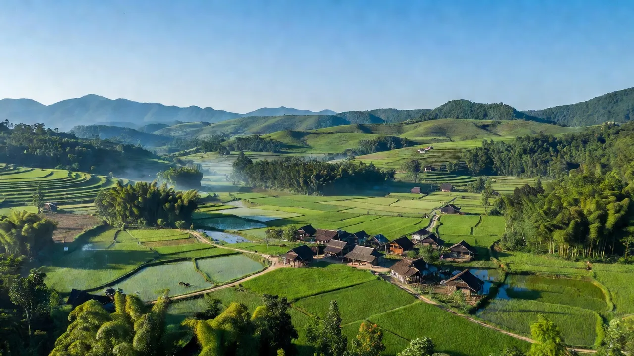 Cảnh đẹp huyện Mai Sơn, tỉnh Sơn La với núi non và thung lũng xanh tươi, thể hiện cuộc sống nông thôn.