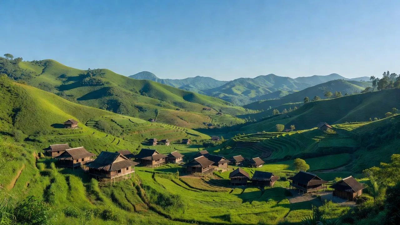Khung cảnh Mai Sơn, tỉnh Sơn La với những thung lũng xanh, đồi núi và nhà sàn truyền thống.