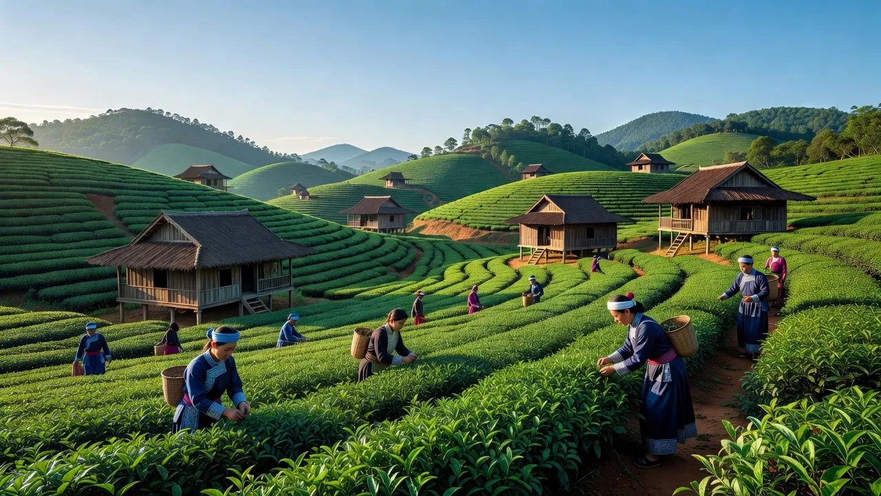 Khung cảnh thanh bình của Thị xã Mộc Châu, Sơn La với đồi chè xanh mát và nhà truyền thống.
