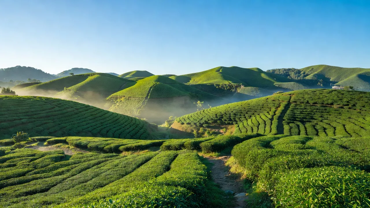 Khung cảnh yên bình của thị xã Mộc Châu, tỉnh Sơn La với đồi chè xanh mướt.