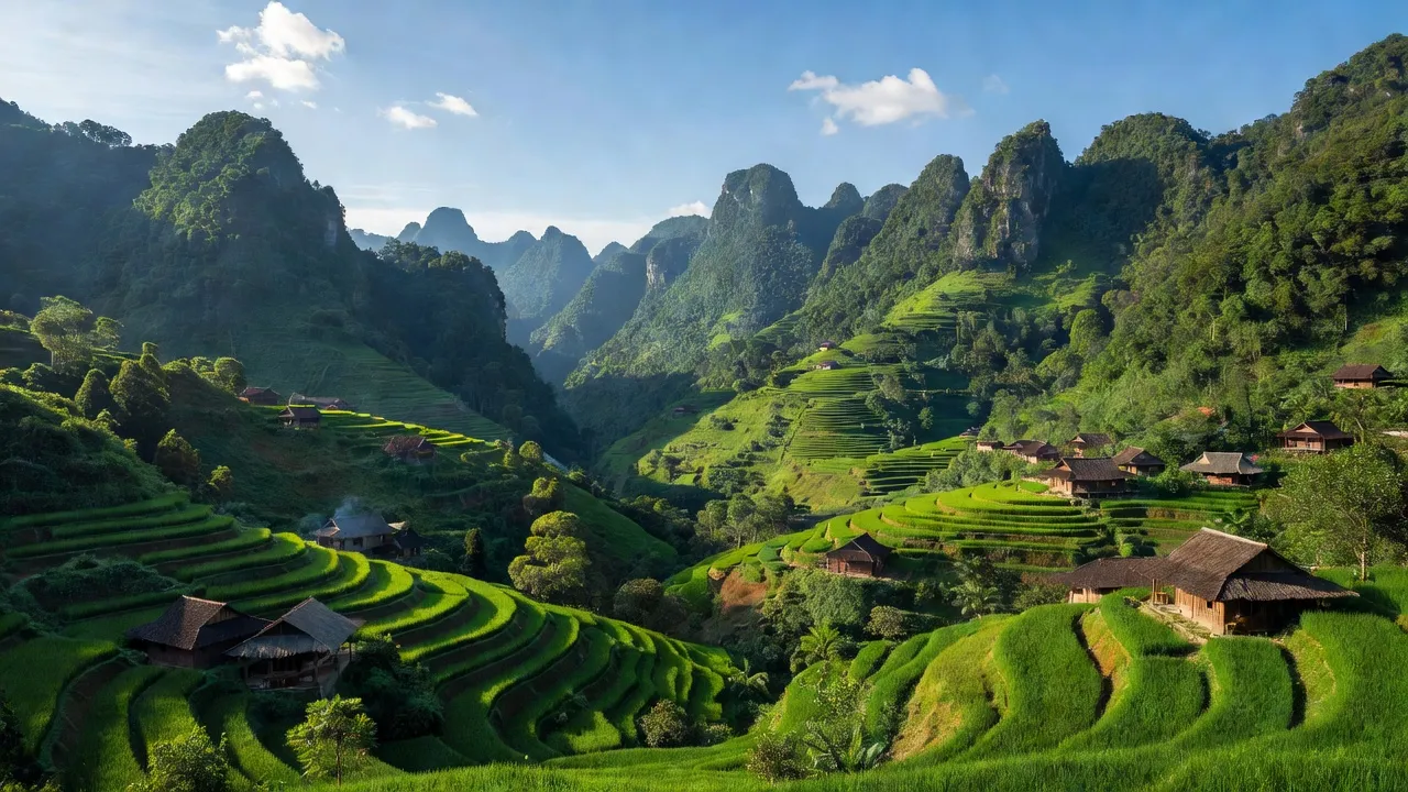 Khung cảnh huyện Mường La, Sơn La với núi cao, thung lũng sâu, và nhà sàn truyền thống.