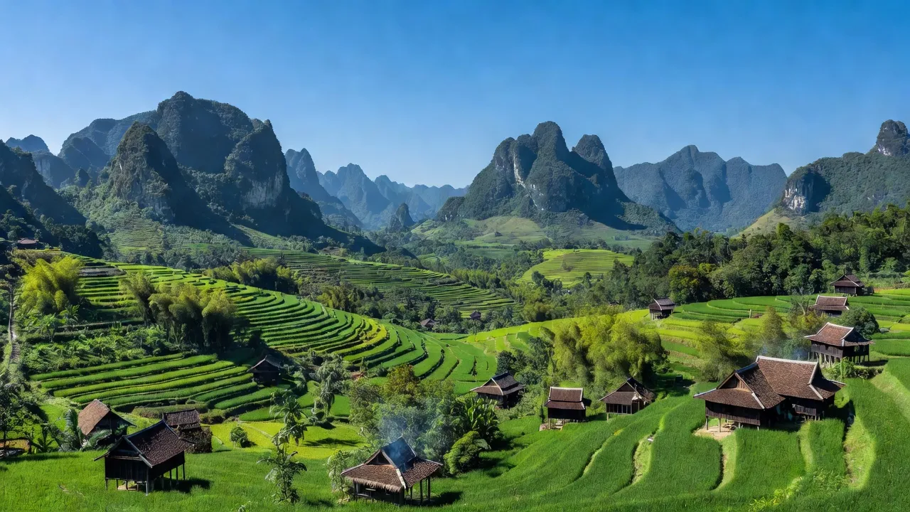 Khung cảnh huyện Mường La, Sơn La với núi rừng và thung lũng xanh, thể hiện thiên nhiên tươi đẹp.