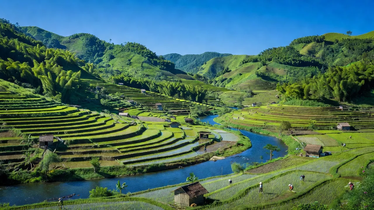 Cảnh quan huyện Phù Yên, tỉnh Sơn La với ruộng bậc thang và sông Đà, thể hiện vẻ đẹp tự nhiên.