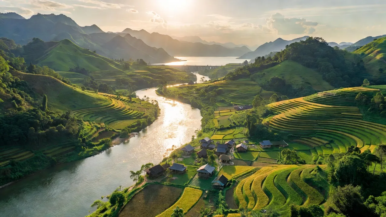 Cảnh thiên nhiên huyện Quỳnh Nhai, Sơn La với sông Đà và hồ thủy điện, đường núi và cánh đồng.