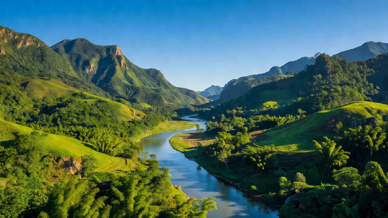 Quỳnh Nhai, Sơn La with Đà River and mountains, lush greenery and blue sky, breathtaking landscape.