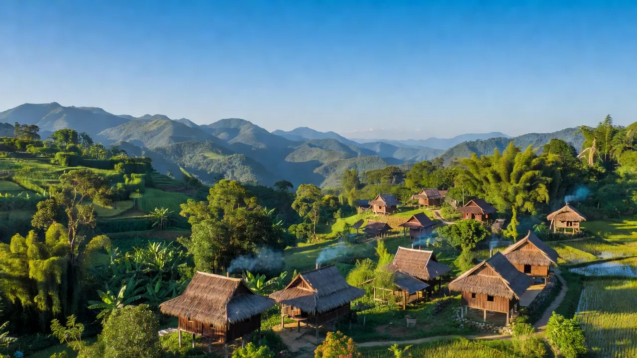 Khung cảnh huyện Sông Mã, tỉnh Sơn La với núi non và làng dân tộc Thái xanh mướt.