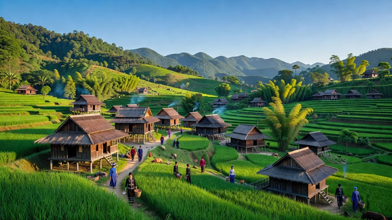 Sông Mã, Sơn La với núi non, bản làng dân tộc Thái và trời xanh rõ nét.