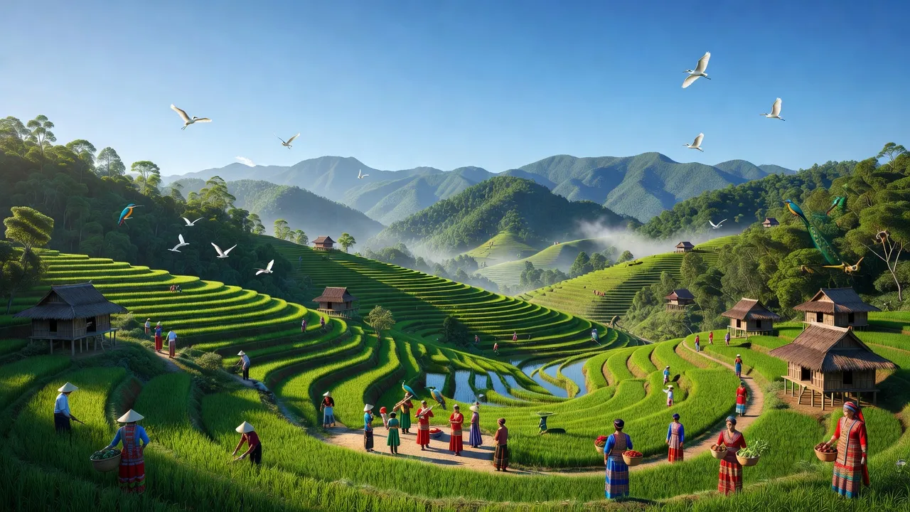 Cảnh quan huyện Sốp Cộp, Sơn La với núi non, cánh đồng xanh và bầu trời trong xanh.