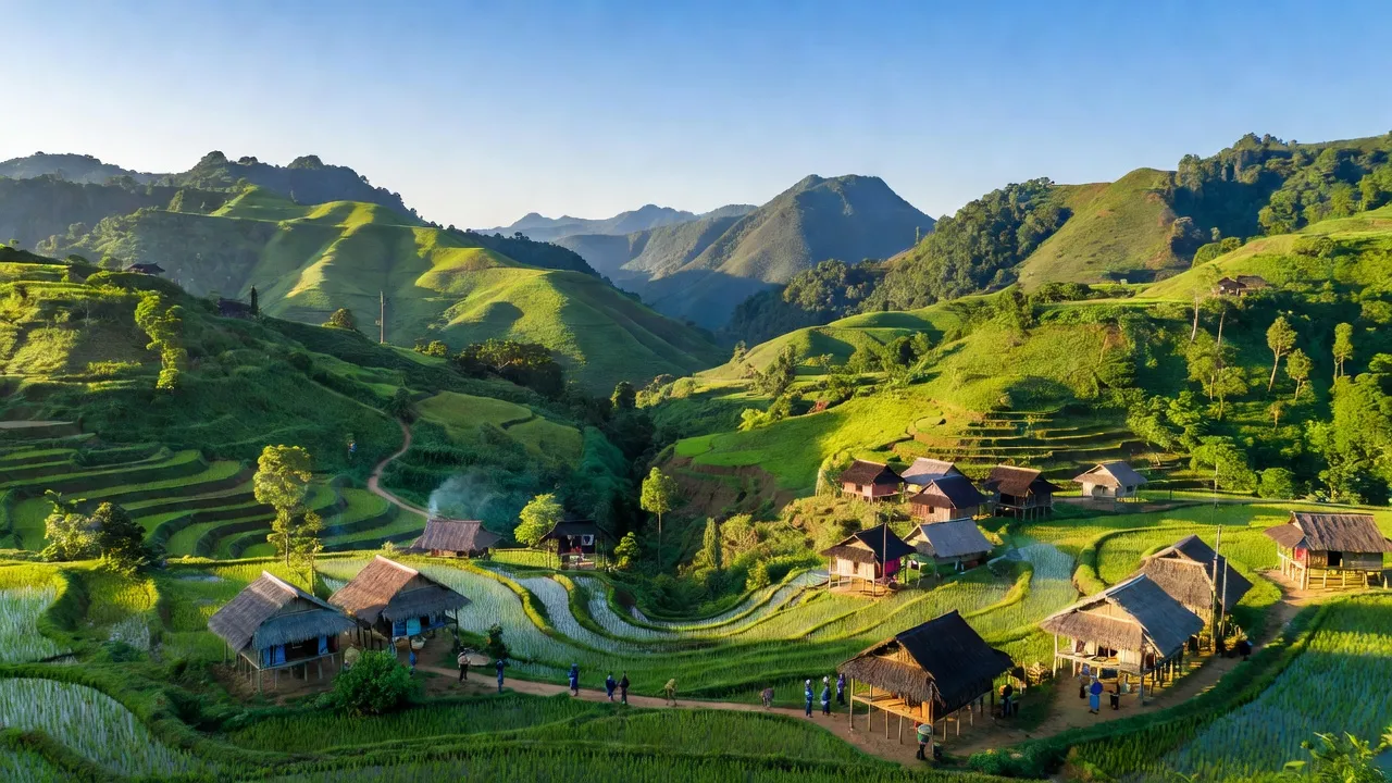Khung cảnh núi non huyện Thuận Châu, tỉnh Sơn La, với thung lũng xanh và làng quê.