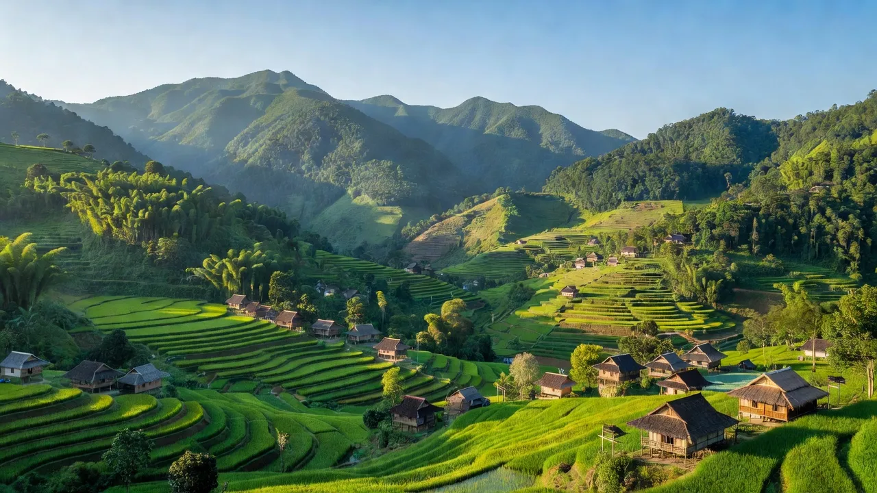 Khung cảnh Huyện Yên Châu, Sơn La với núi đồi, thung lũng xanh và nhà dân tộc.
