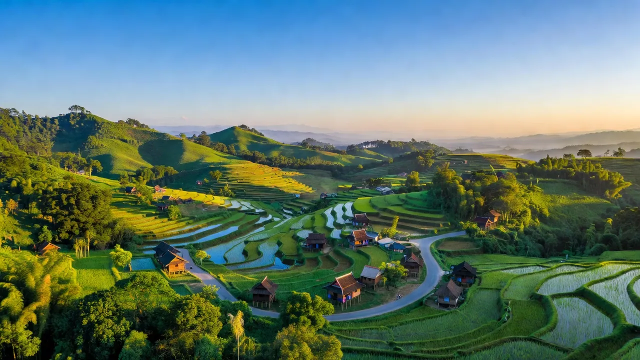Khung cảnh huyện Yên Châu, tỉnh Sơn La với đồi núi xanh tươi và thung lũng thơ mộng.