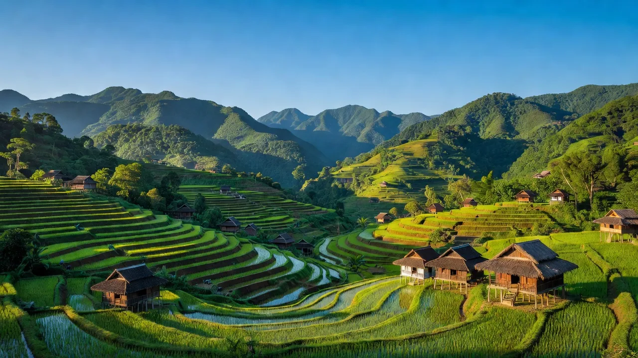 Cảnh quan Sơn La với núi non, ruộng bậc thang và kiến trúc dân tộc, thể hiện văn hóa và thiên nhiên.