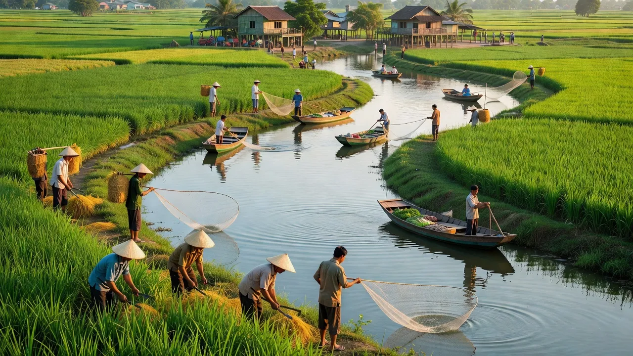 Khung cảnh Huyện Bến Cầu, tỉnh Tây Ninh với cánh đồng xanh và dòng sông êm đềm.