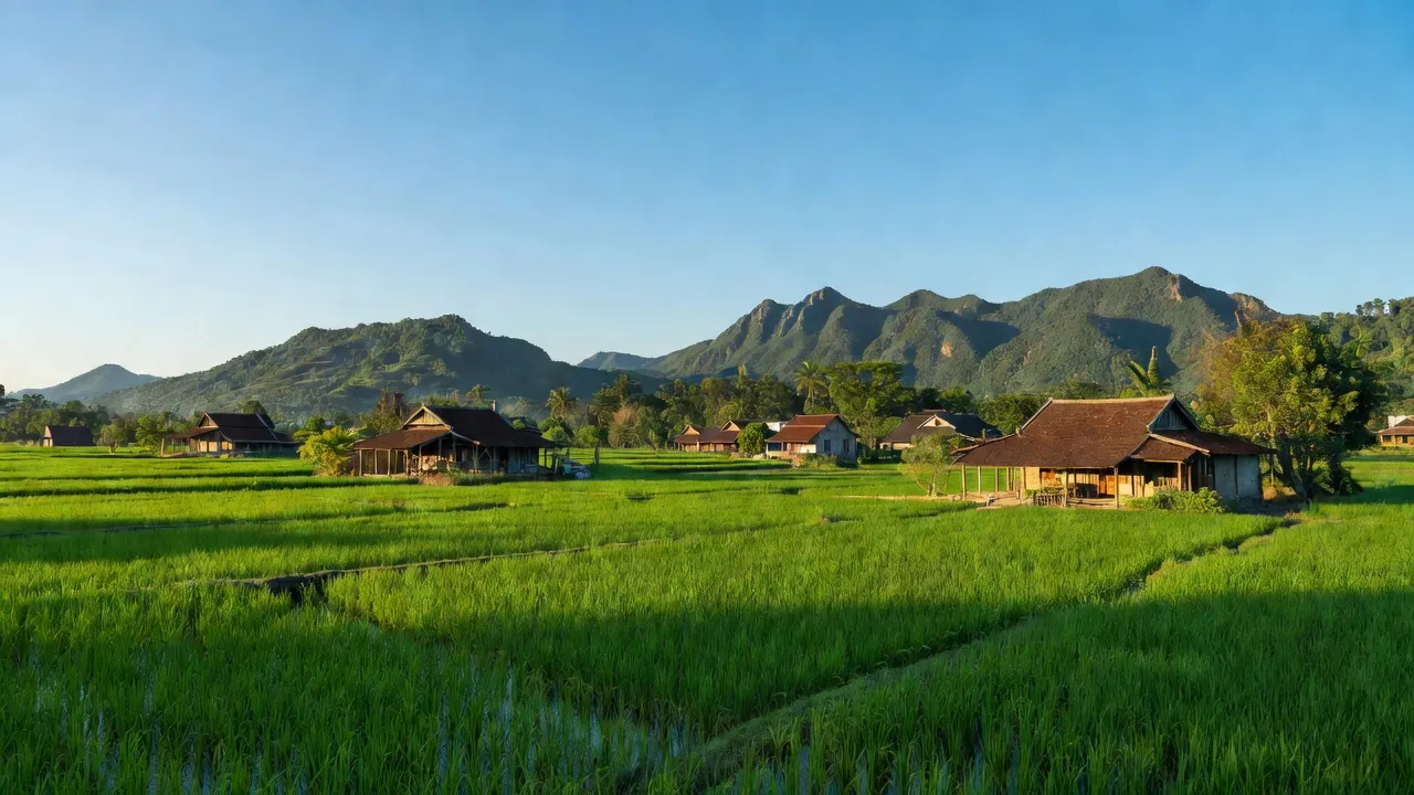 Khung cảnh vùng Huyện Bến Cầu, Tây Ninh với đồng xanh và nhà truyền thống, sống động và yên bình.