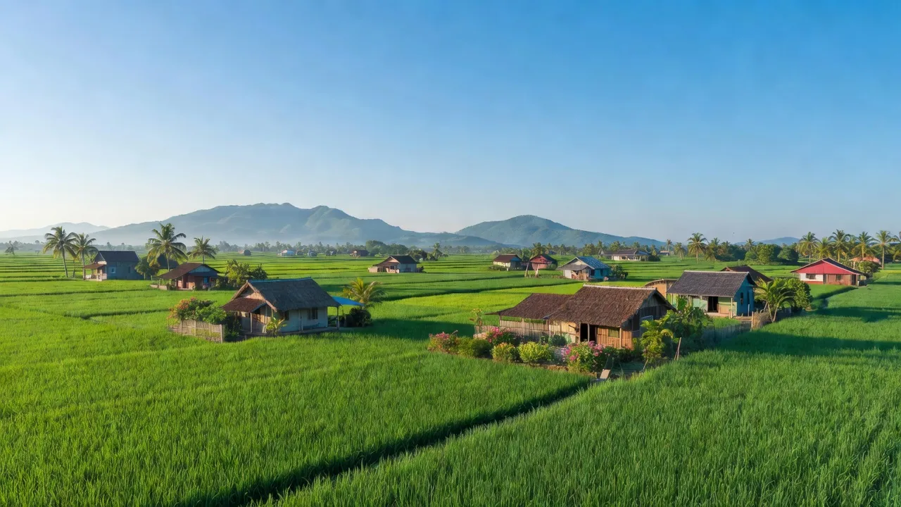 Cảnh đẹp Huyện Châu Thành, Tỉnh Tây Ninh với đồng xanh tươi mát và bầu trời trong xanh.