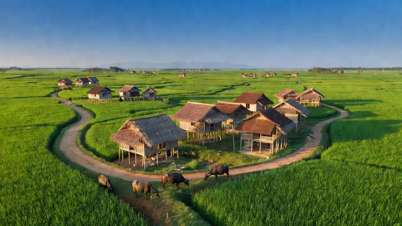 Cảnh đẹp huyện Dương Minh Châu, Tây Ninh với cánh đồng xanh, kiến trúc nông thôn, trời trong xanh.