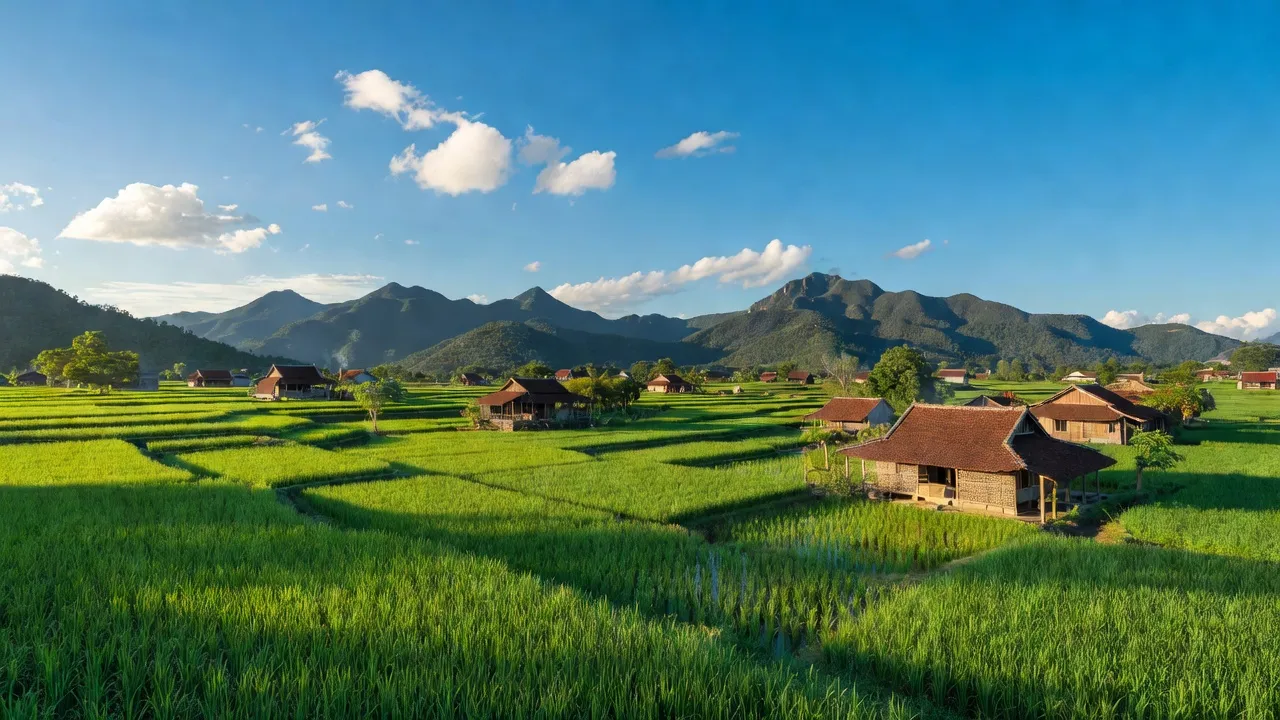 Khung cảnh huyện Dương Minh Châu, Tây Ninh với ruộng đồng xanh và nhà dân truyền thống.