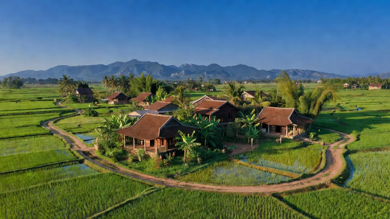 Quang cảnh huyện Gò Dầu, tỉnh Tây Ninh với cánh đồng xanh và kiến trúc truyền thống Việt Nam.