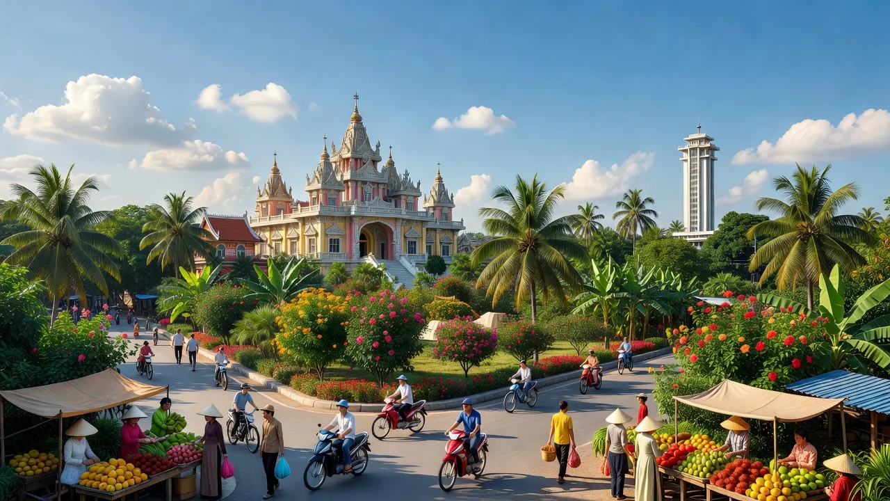 Khung cảnh thị xã Hòa Thành, Tây Ninh với các điểm tham quan và bầu không khí sống động.