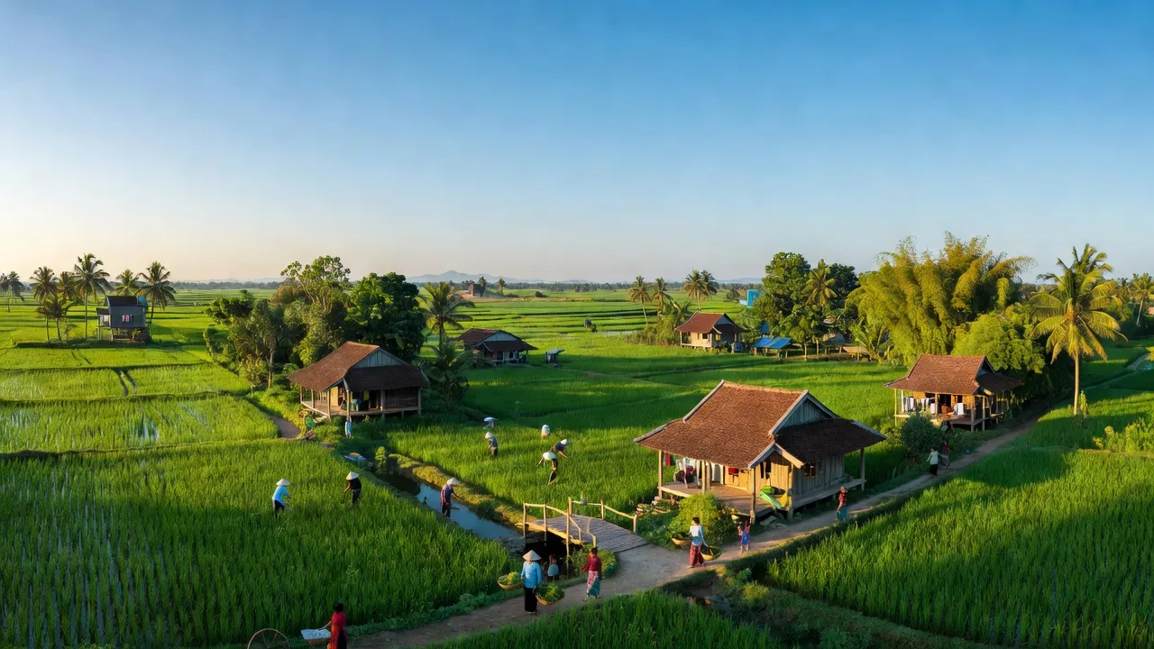 Khung cảnh huyện Tân Biên, Tây Ninh với cây xanh, nhà truyền thống và biên giới Campuchia.