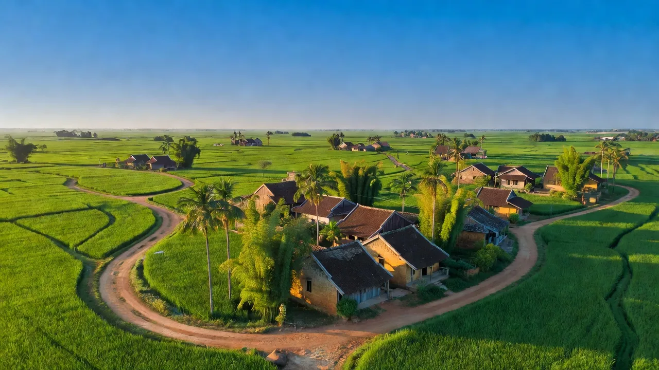 Cảnh đẹp huyện Tân Châu, tỉnh Tây Ninh với cánh đồng xanh và nhà truyền thống Việt Nam.
